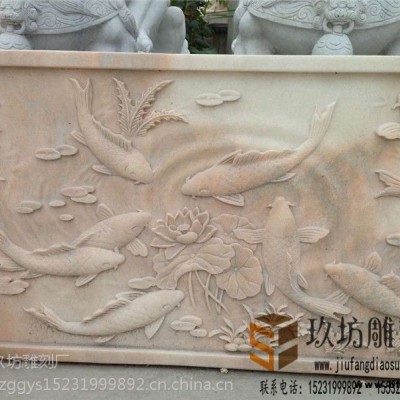 石雕影壁墻面浮雕年年有余荷花魚蓮花照壁玄關(guān)壁畫石板雕刻地石雕壁畫九魚荷花圖迎客松花開富貴玖坊雕塑